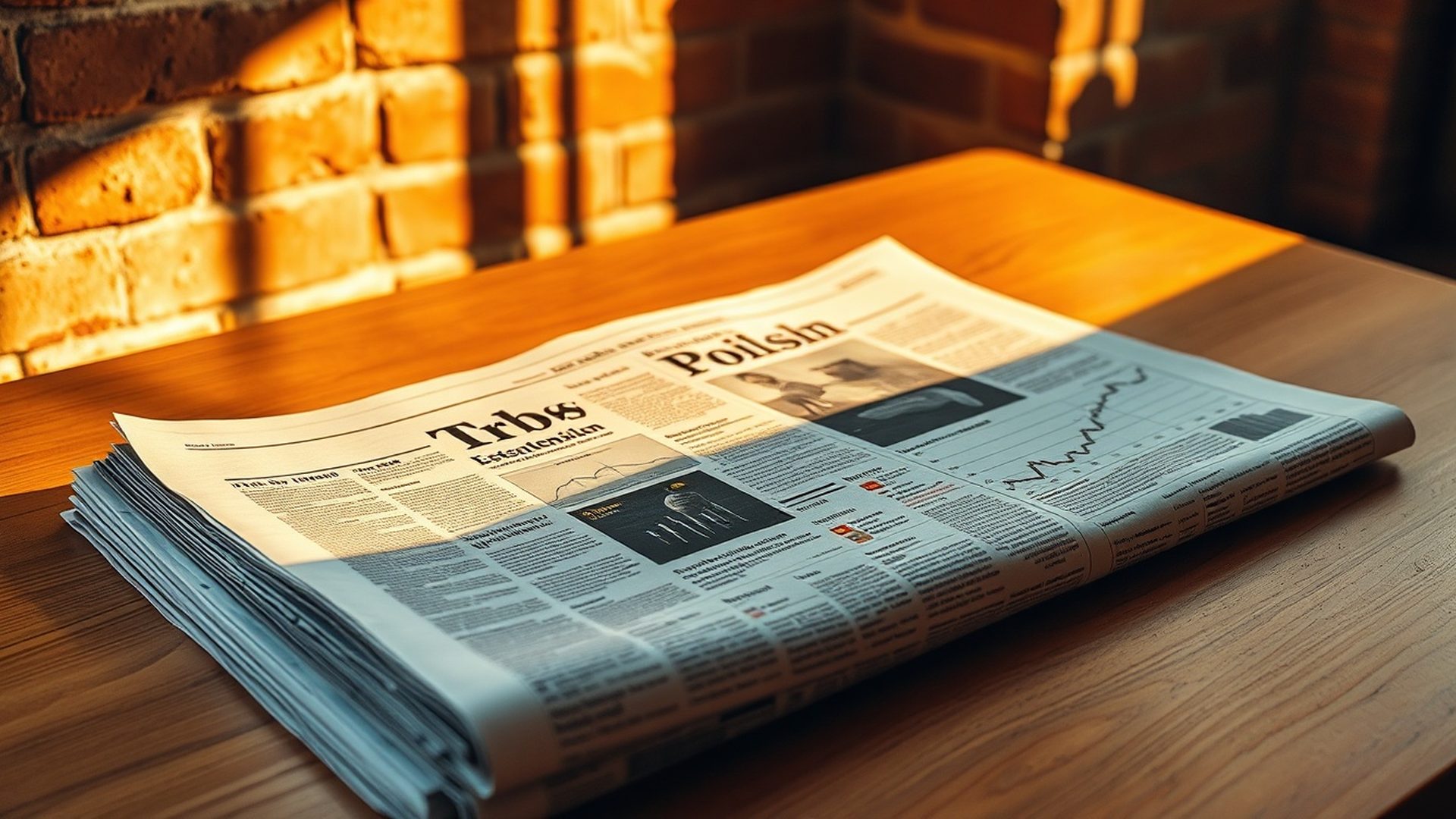 Rozłożona gazeta na ciepłym drewnianym biurku w porannym świetle